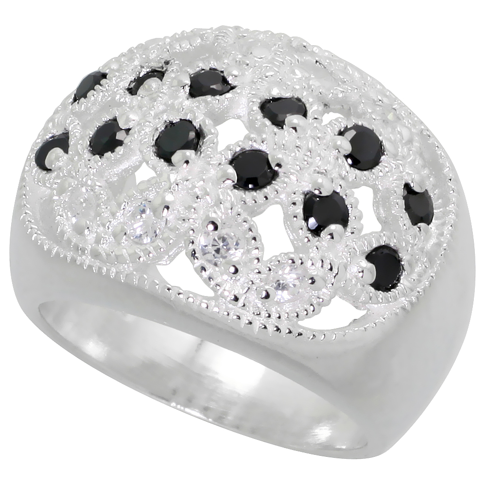 Sterling Silver Black and White CZ Dome Ring Women Floral Designs of Flawless Finish sizes 6 - 10 5/8 inch wide