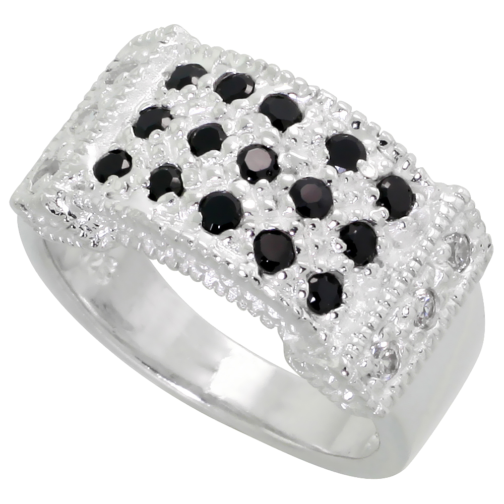 Sterling Silver Black and White CZ Rectangular Ring Women Flawless Finish sizes 6 - 10 3/8 inch wide