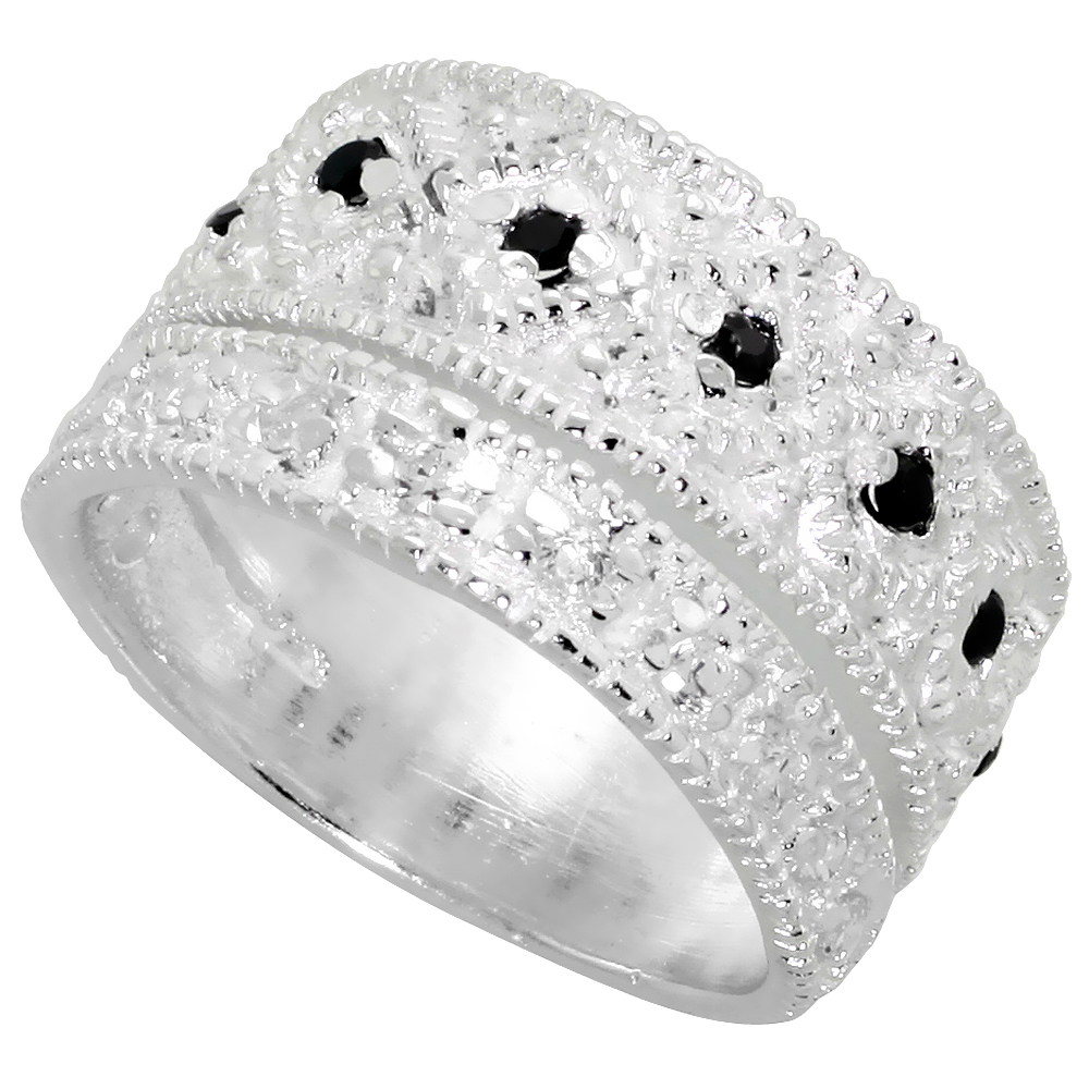 Sterling Silver Black and White CZ CZ Band Ring for Women Flawless Finish sizes 6 - 10 1/2 inch wide