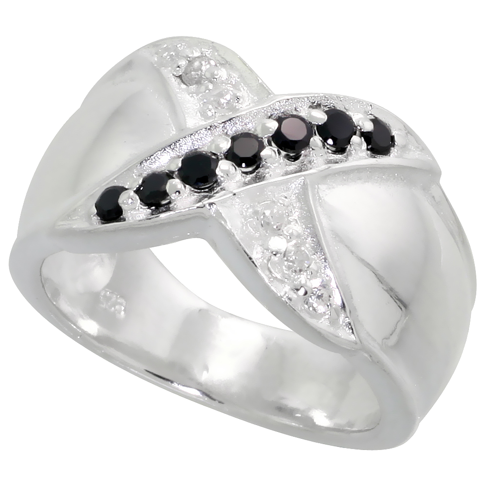 Sterling Silver Black and White CZ CZ X Crisscross Band Ring Women Flawless Finish sizes 6 - 10 1/2 inch wide