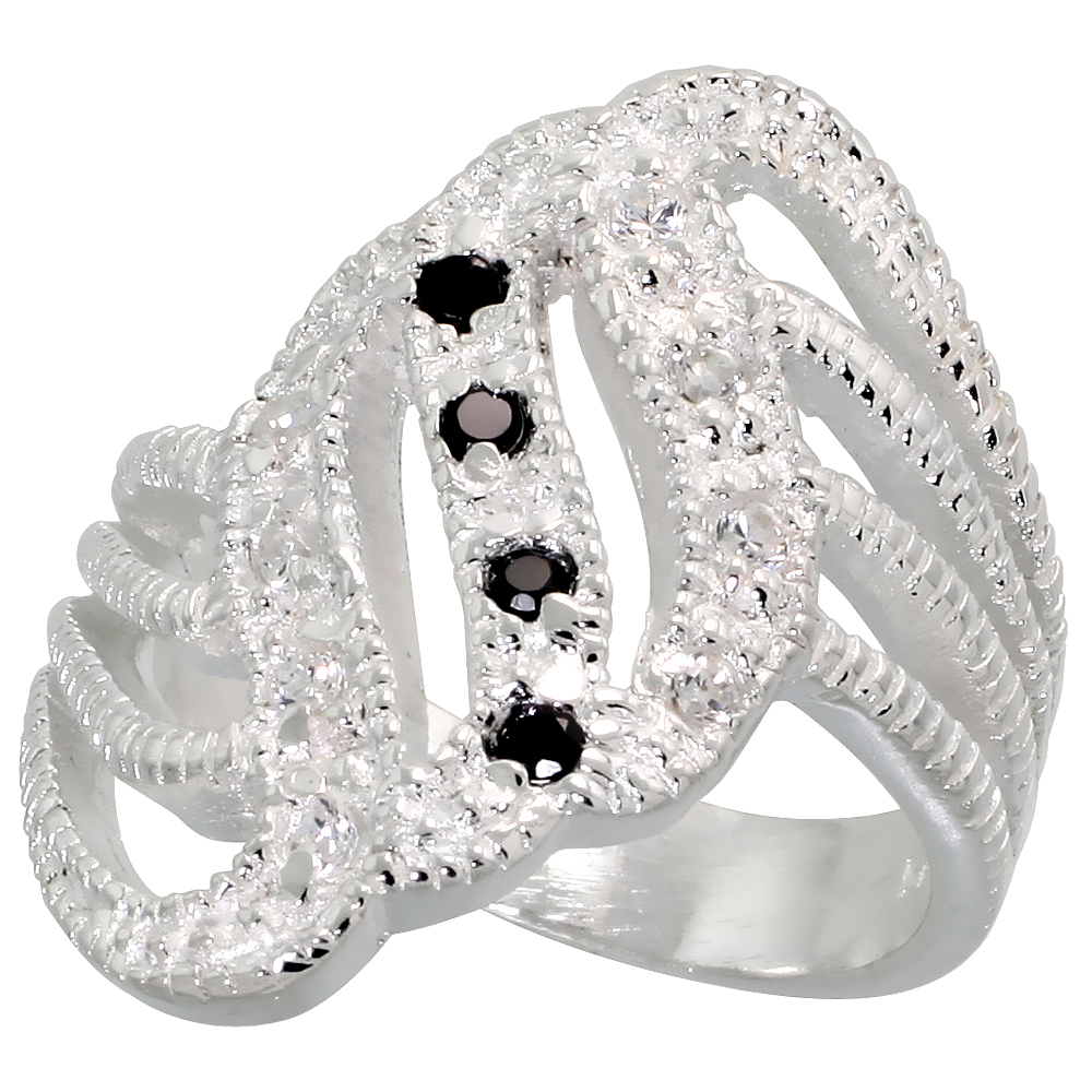 Sterling Silver Black and White CZ Fan-shaped Ring Women Flawless Finish sizes 6 - 10 7/8 inch wide
