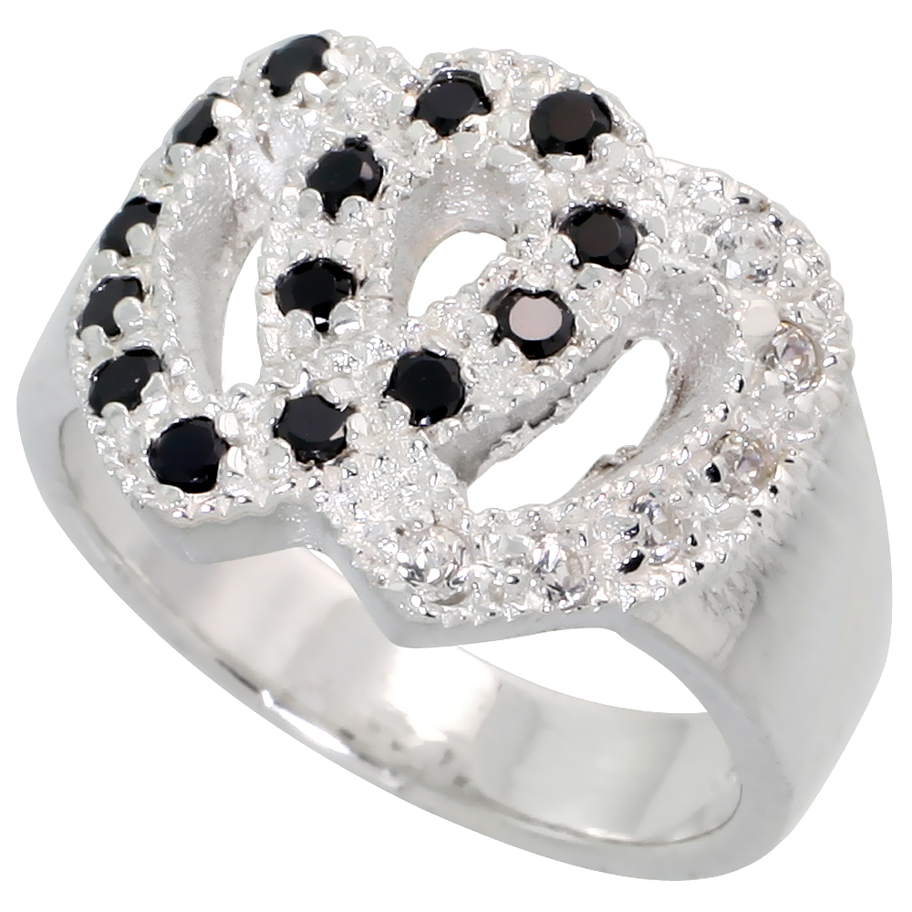 Sterling Silver Black and White CZ Double Heart Ring Women Flawless Finish sizes 6 - 10 1/2 inch wide