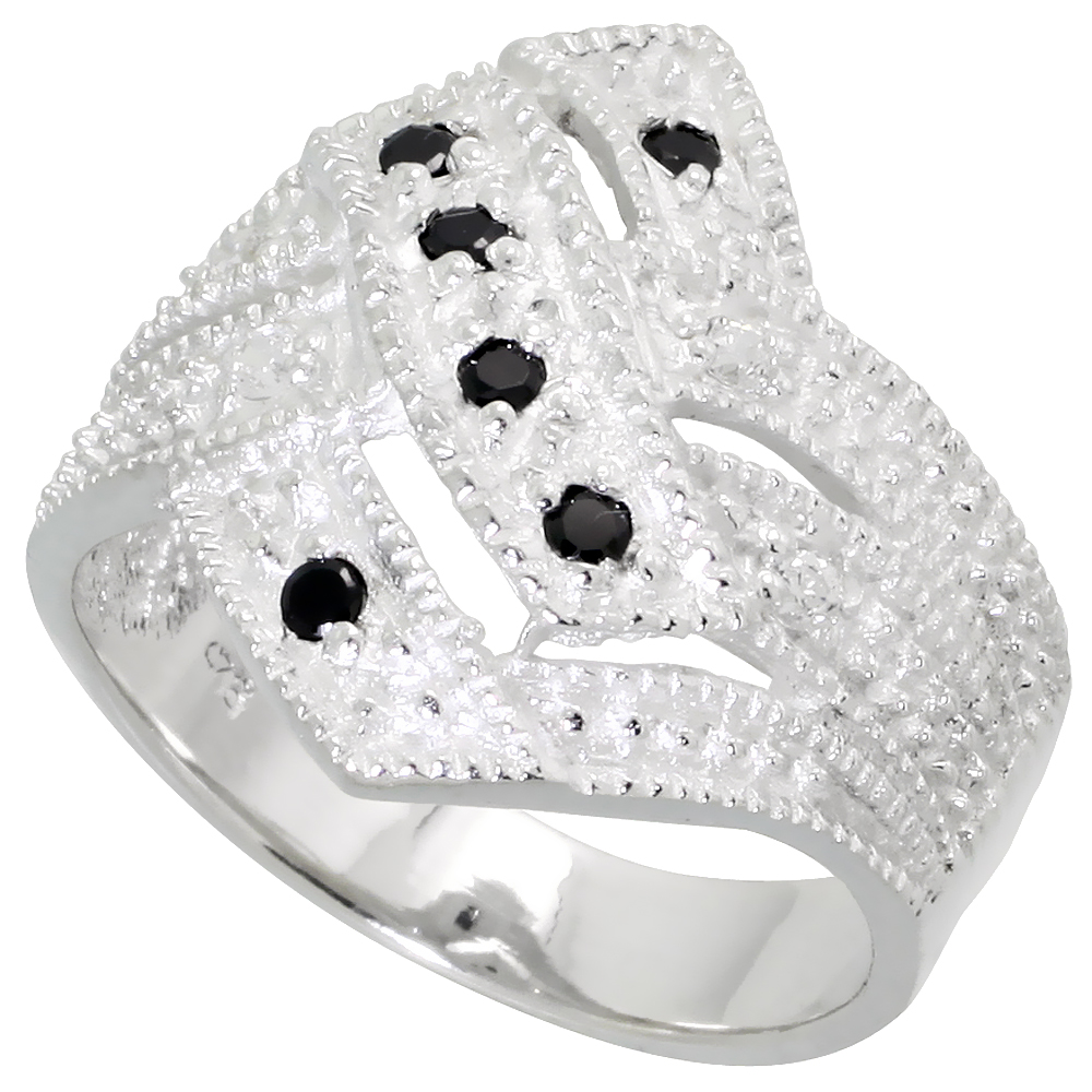 Sterling Silver Black and White CZ Diamond-shaped Ring Women Flawless Finish sizes 6 - 10 3/4 inch wide Flawless Finish size 6
