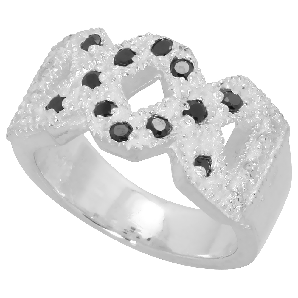 Sterling Silver Black and White CZ Double X Crisscross Ring Women Flawless Finish sizes 6 - 10 3/8 inch wide