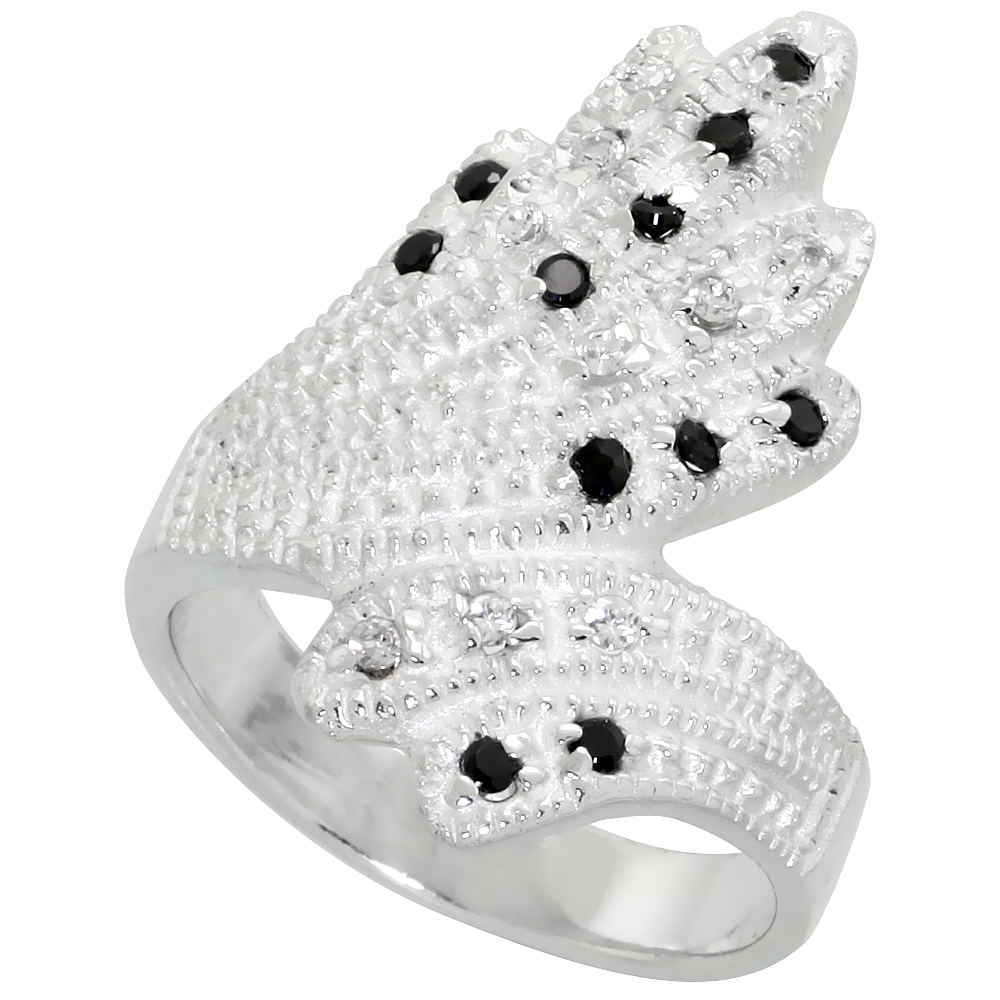 Sterling Silver Black and White CZ Fan-shaped Ring Women Flawless Finish sizes 6 - 10 1 inch wide