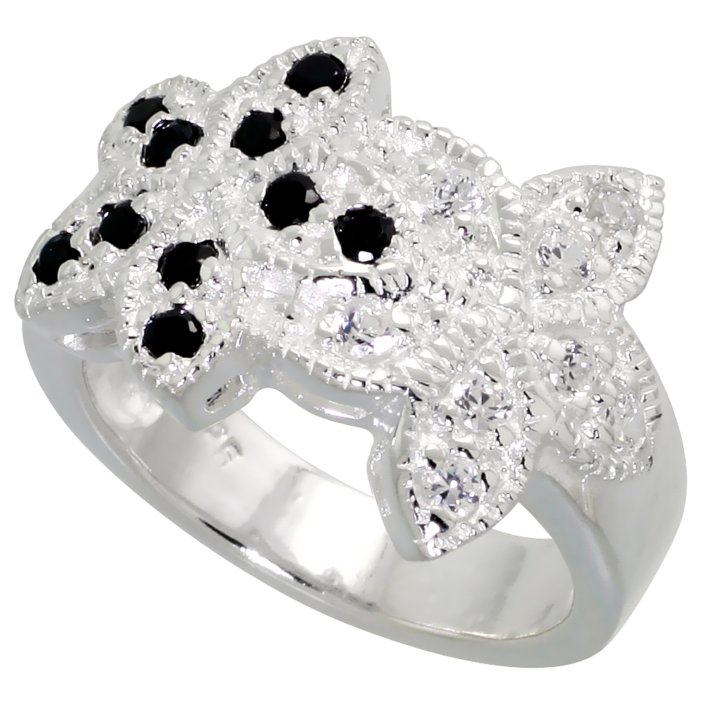 Sterling Silver Black and White CZ Double Flower Ring Women Flawless Finish sizes 6 - 10 1/2 inch wide