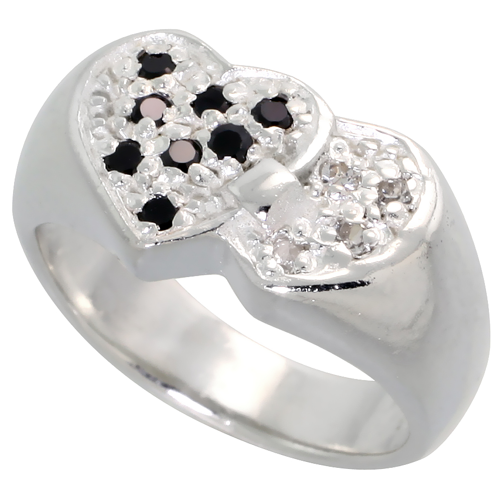 Sterling Silver Black and White CZ Interlacing Hearts Ring Women Flawless Finish sizes 6 - 10 3/8 inch wide