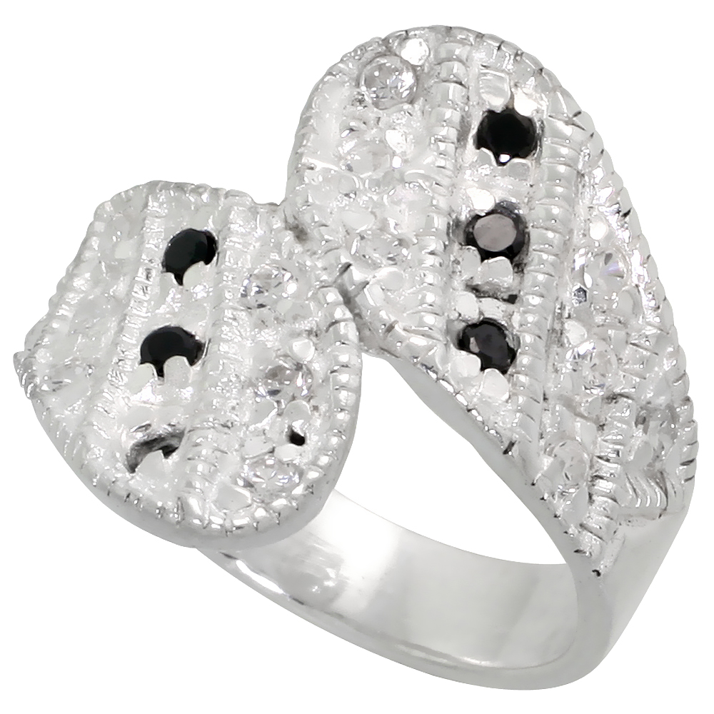 Sterling Silver Black and White CZ Ring Women Flawless Finish sizes 6 - 10 3/4 inch wide