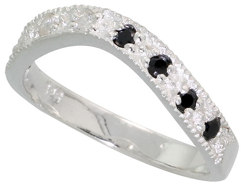 Sterling Silver Cubic Zirconia Wavy Ring, Black & White sizes 6 - 10, 1/8 inch wide