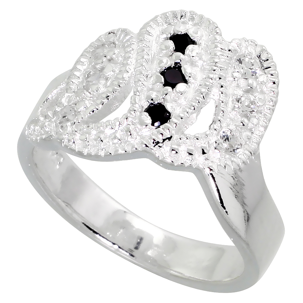 Sterling Silver Black and White CZ Freeform Ring Women Flawless Finish sizes 6 - 10 1/2 inch wide