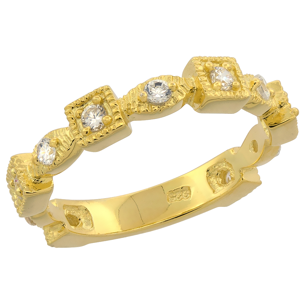 Sterling Silver Geometric Ring Women CZ Accents Yellow Gold 1/8 inch wide Flawless Polished Finish sizes 6 - 9