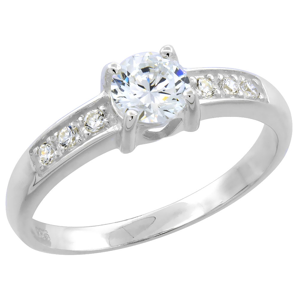 Sterling Silver Cubic Zirconia Round Ring Women 3/16 inch wide Flawless Polished Finish sizes 6 - 9