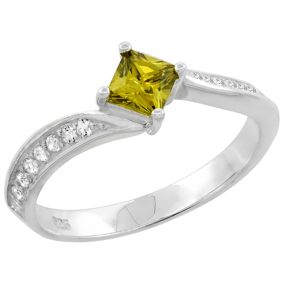 Sterling Silver Cubic Zirconia Square Peridot Bypass Setting Ring Women 1/4 inch wide Flawless Polished Finish sizes 6 - 9