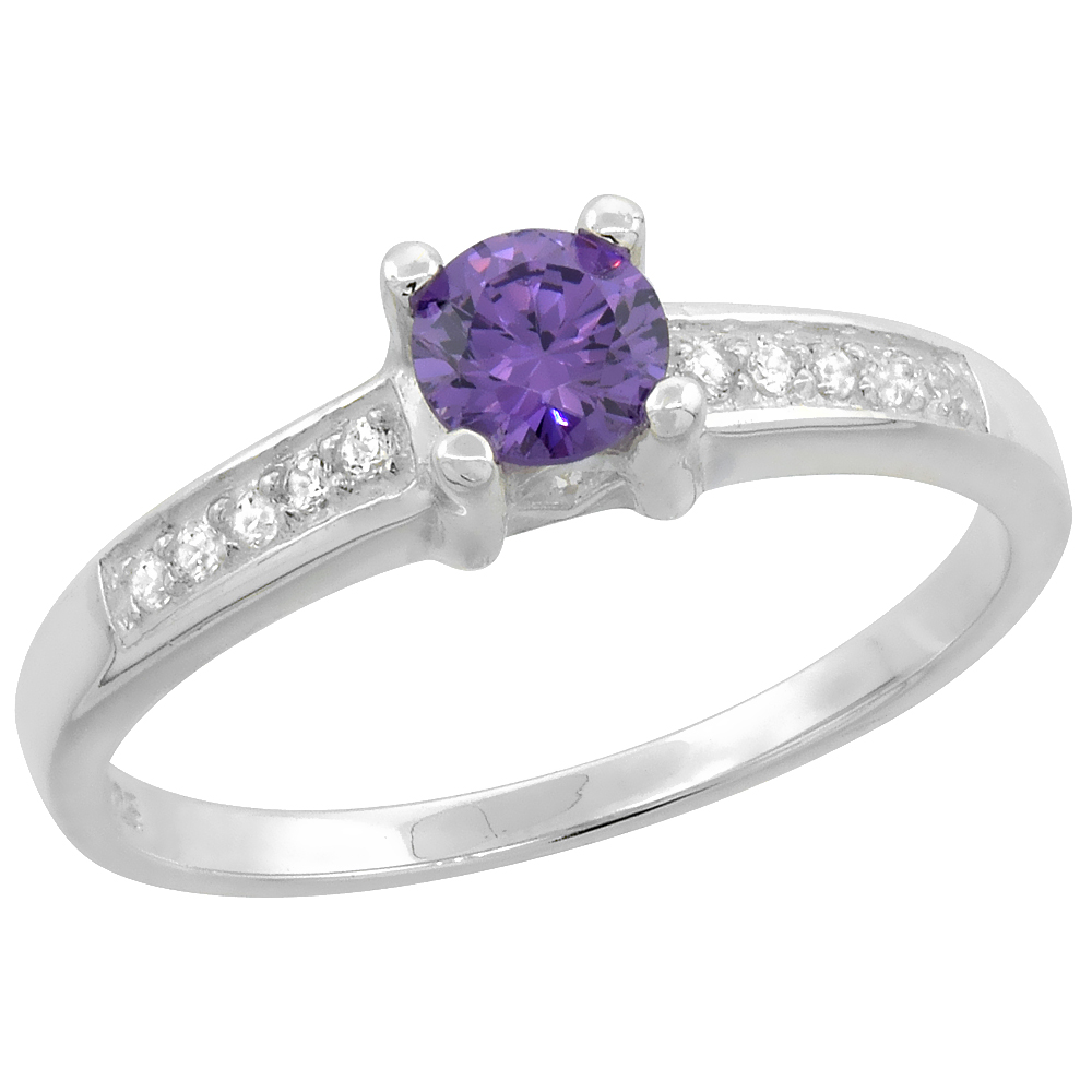 Sterling Silver Cubic Zirconia Amethyst Ring Women 3/16 inch wide Flawless Polished Finish sizes 6 - 9