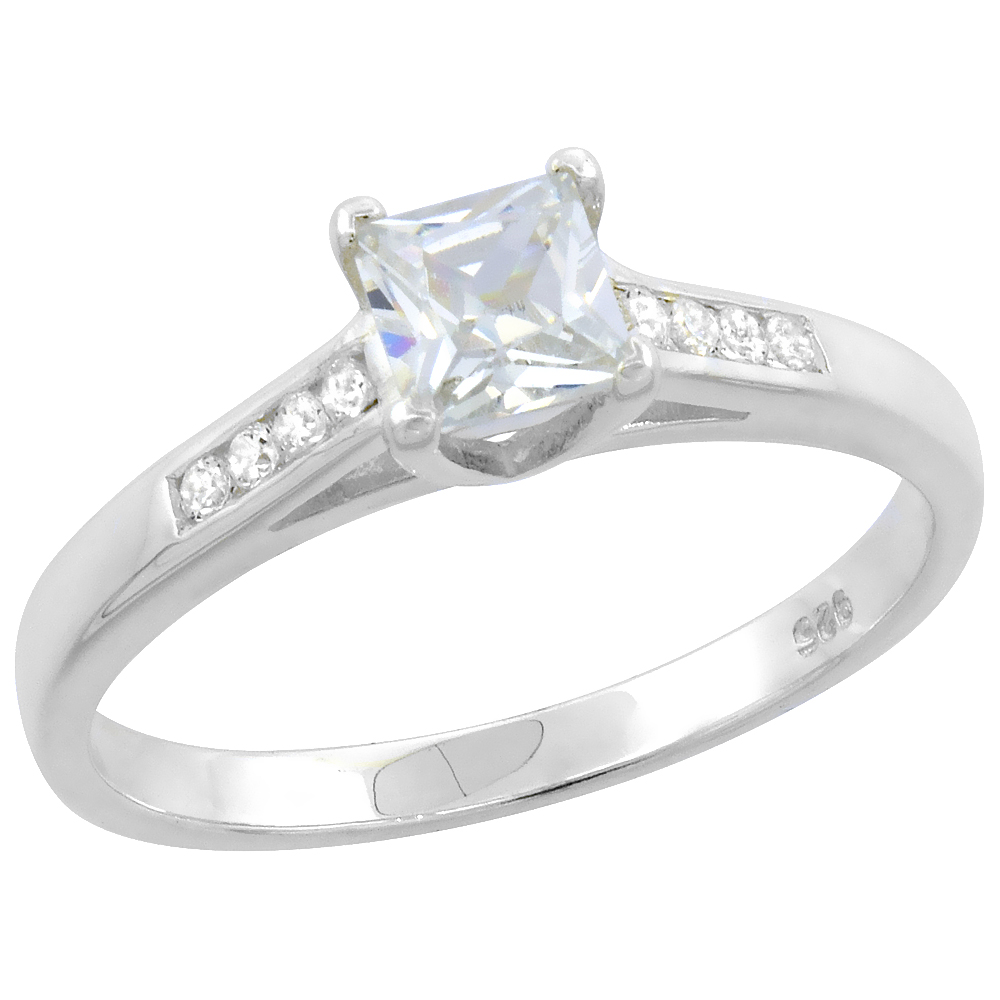 Sterling Silver Cubic Zirconia Princess Cut Ring Women 5/32 inch wide Flawless Polished Finish sizes 6 - 9