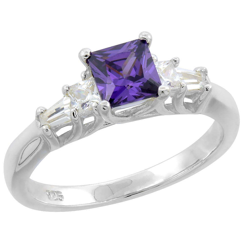 Sterling Silver Cubic Zirconia Princess Cut Amethyst Ring Women 3/16 inch wide Flawless Polished Finish sizes 6 - 9