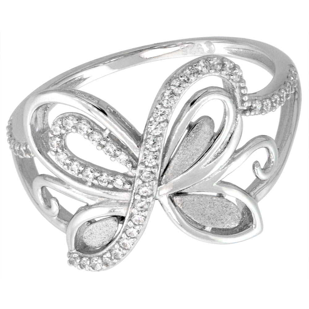 Sterling Silver Micropave CZ Butterfly Wings Ring for Women Brushed Rhodium Finish 1/2 inch Flawless Polished Finish size 6-9