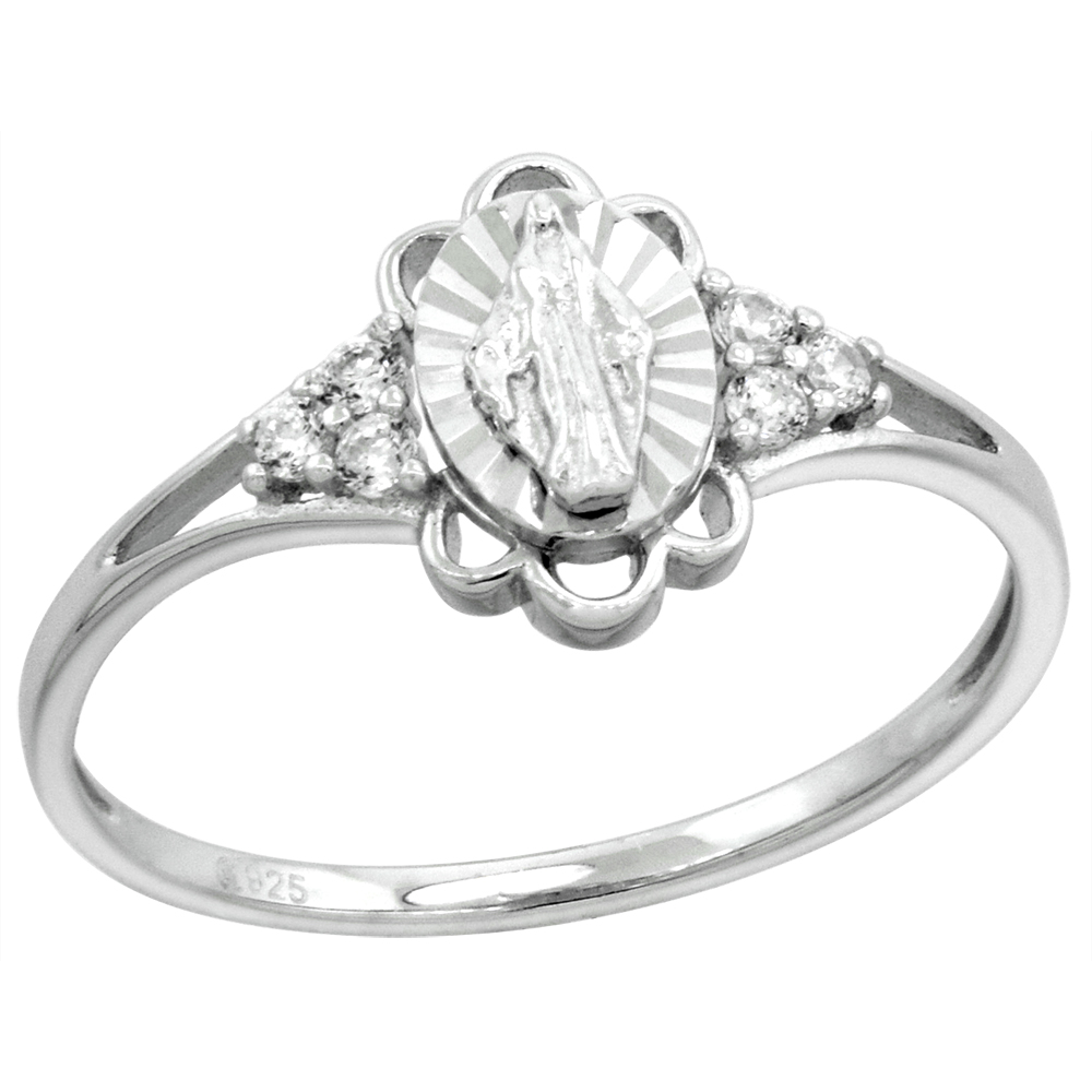 Dainty Sterling Silver Micropave CZ Miraculous Ring for Women Diamond Cut Halo Scalloped Rhodium Finish 3/8 inch Flawless Polished Finish size 6-9
