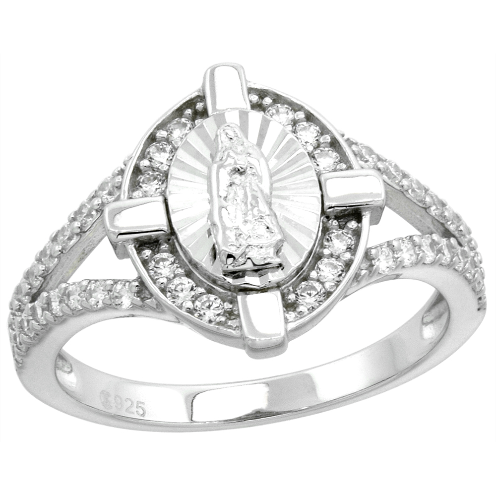 Sterling Silver Micropave CZ Guadalupe Ring Women in Cross Diamond Cut Halo Split Shank 1/2 inch Flawless Polished Finish size 6-9