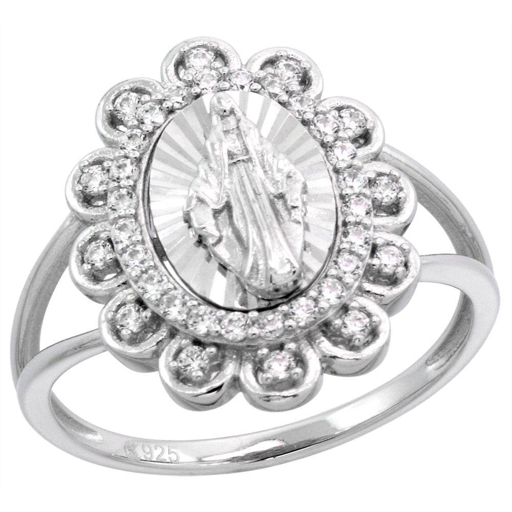Sterling Silver Micropave CZ Miraculous Ring for Women Diamond Cut 2-Row Scalloped Halo 3/4 inch Flawless Polished Finish size 6-9