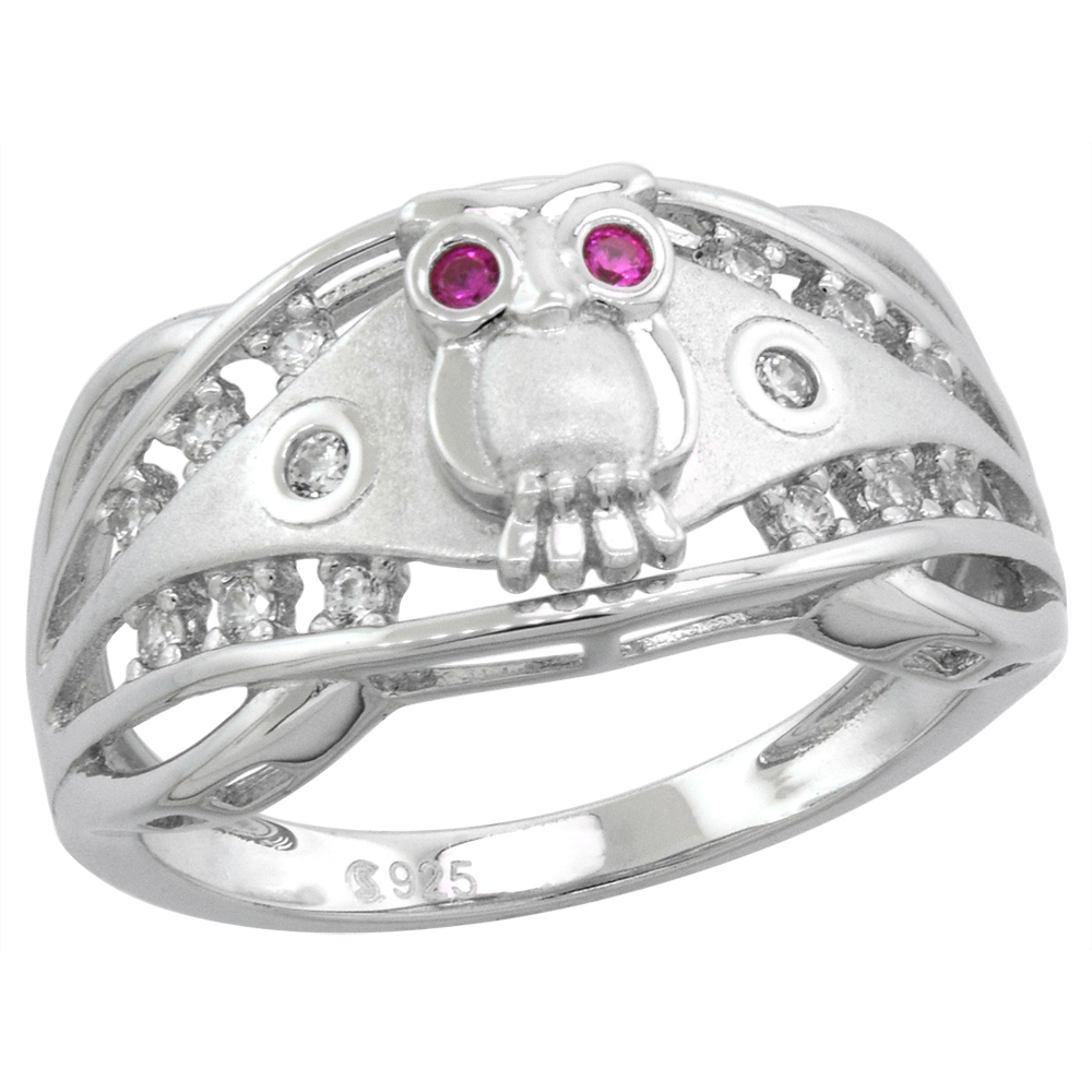 Sterling Silver Micropave CZ Owl Ring for Women Red Eyes Satin Rhodium 3/8 inch size 6-9