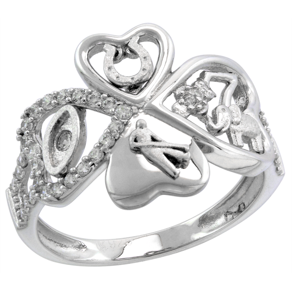 Sterling Silver Micropave CZ Four Hearts Clover Ring for Women with Lucky Charms Rhodium Finish 1/2 inch size 6-9