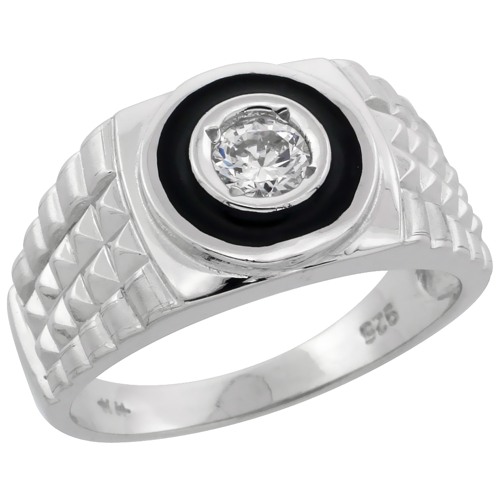 Mens Sterling Silver Rolex Style Solitaire Ring Brilliant Cut CZ Stone, 1/2 inch wide