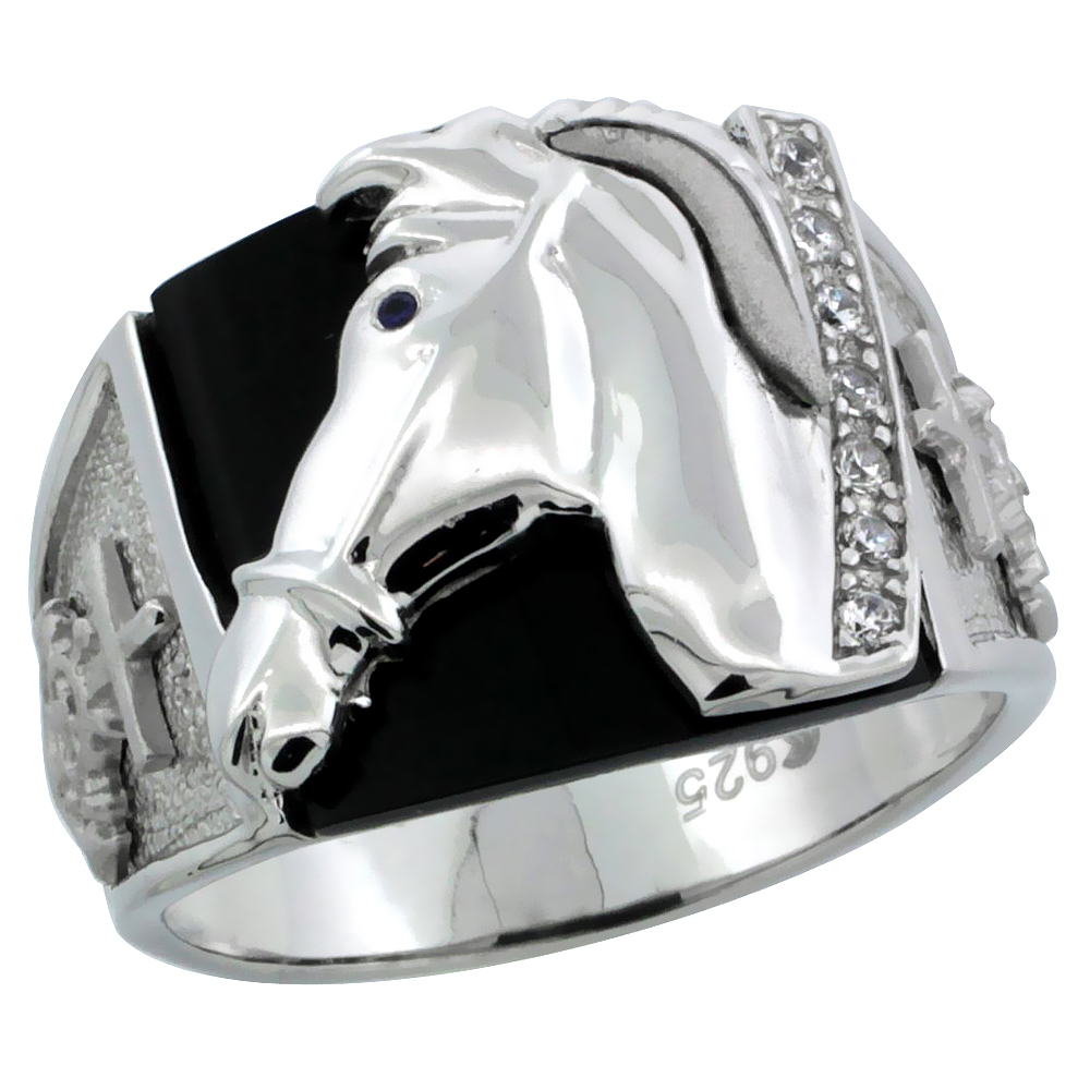 Mens Sterling Silver Synthetic Black Onyx Horse Ring CZ Stones & Mariner Anchor on Sides 5/8 inch wide