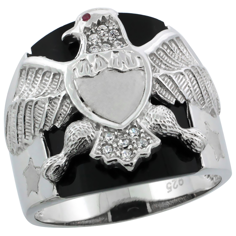 Mens Sterling Silver Cubic Zirconia Synthetic Black Onyx American Eagle Ring 5/8 inch wide