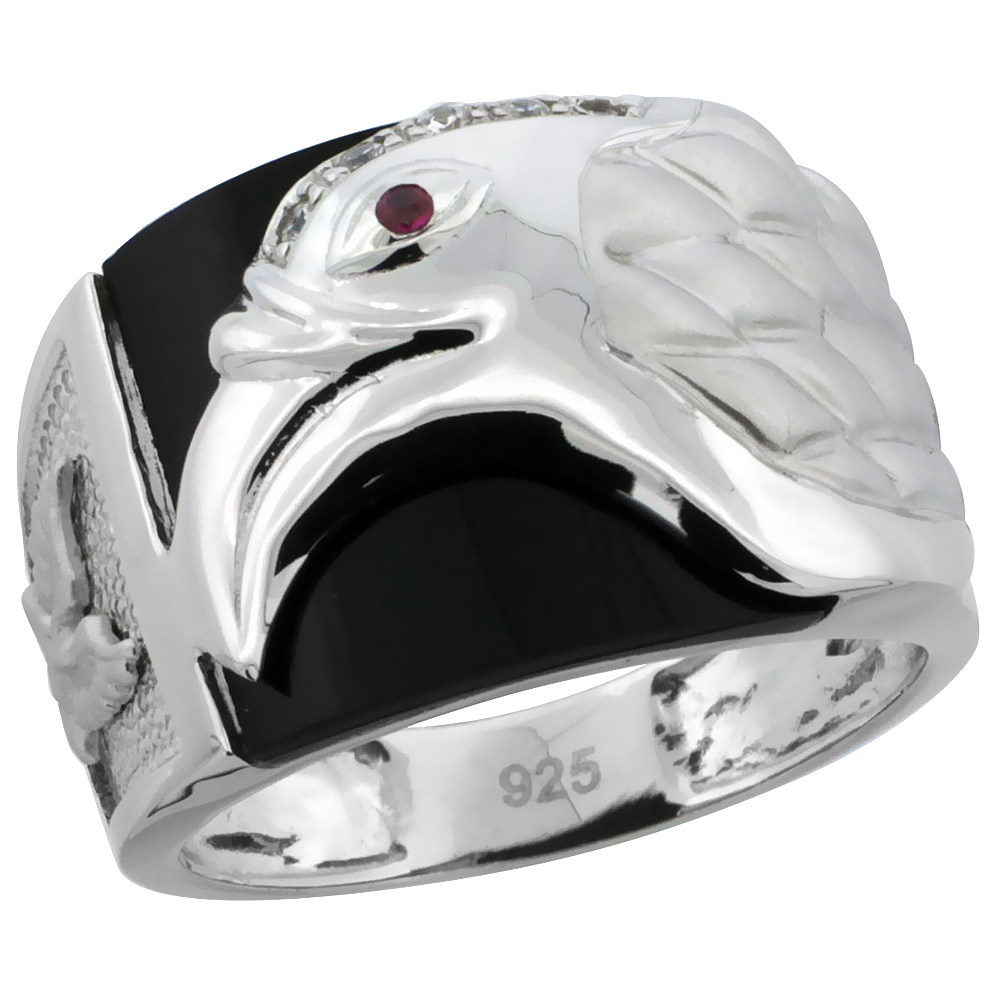 Mens Sterling Silver Cubic Zirconia Synthetic Black Onyx American Eagle Ring 5/8 inch wide