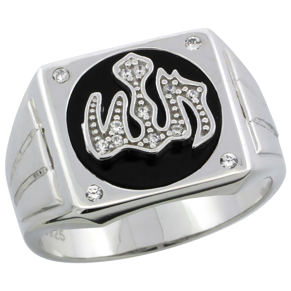 Mens Sterling Silver Synthetic Black Onyx Allah Ring CZ Stones & Frosted Stripes on Sides 1/2 inch wide