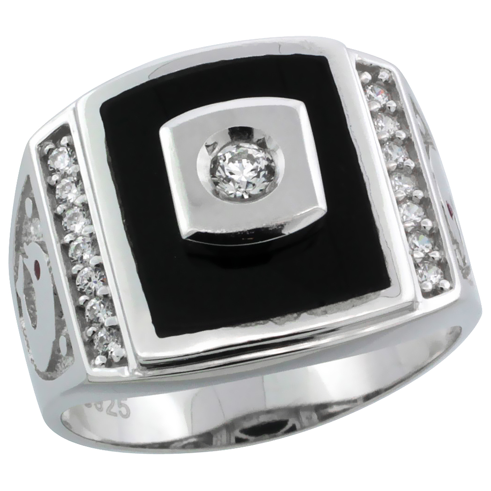 Mens Sterling Silver Synthetic Black Onyx Ring CZ Stones & Dolphins on Sides 3/4 inch wide