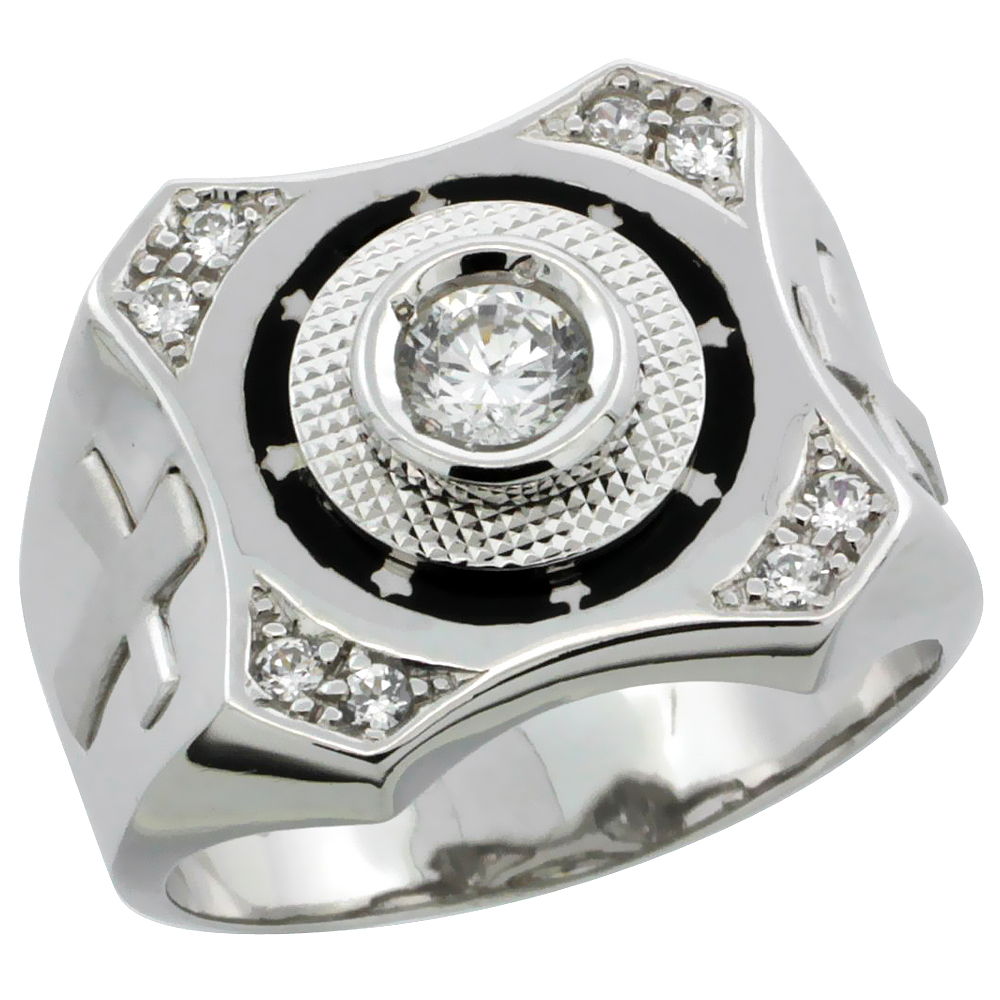 Mens Sterling Silver CZ Ring Star Accents & Cross on Sides 5/8 inch wide