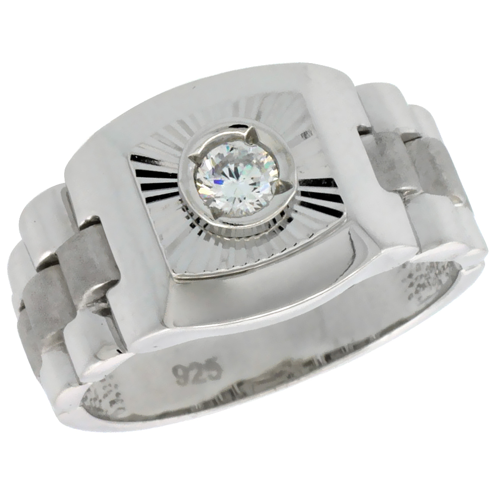 Mens Sterling Silver Style Ring CZ Stone 1/2 inch wide