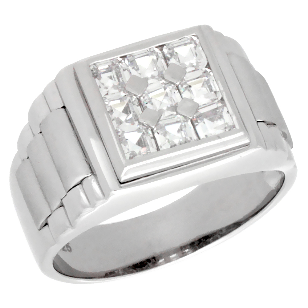 Mens Sterling Silver Rolex Style Ring 9 Square Invisible Set Cubic Zirconia Stones 1/2 inch wide sizes 9 - 12