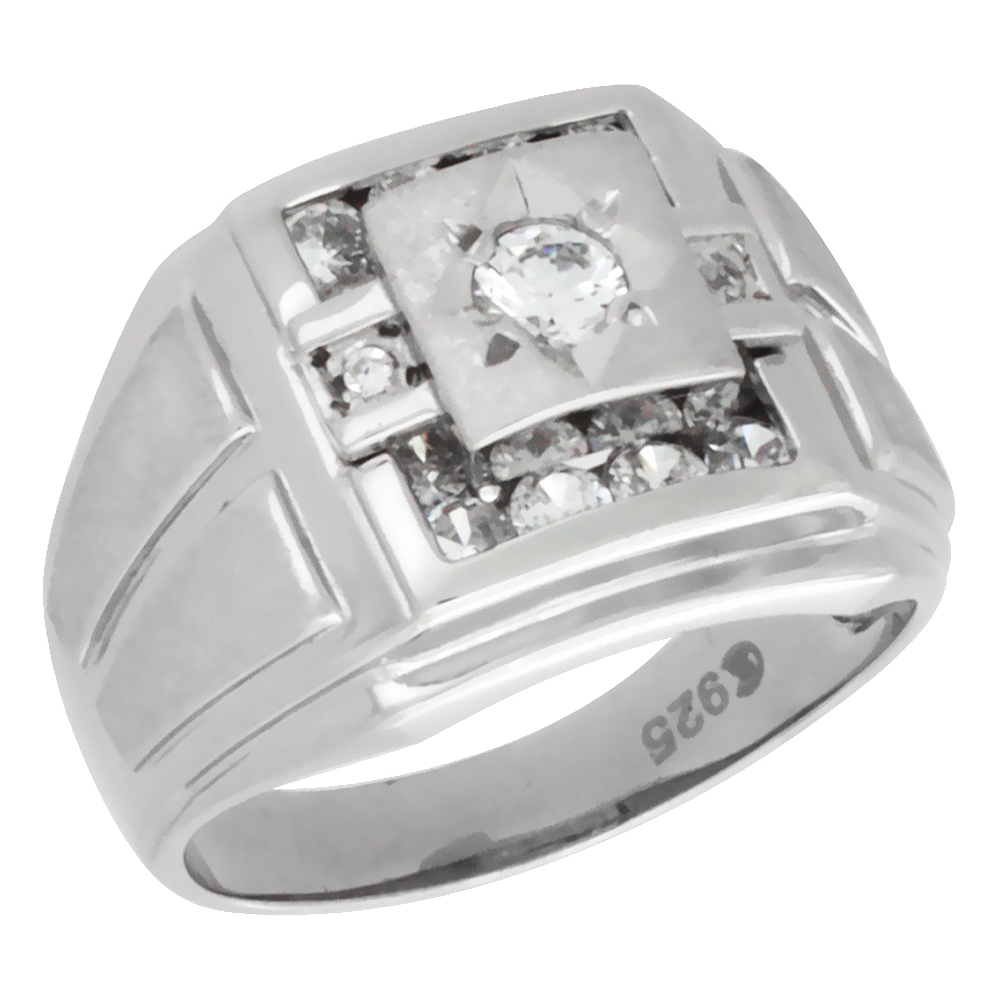 Mens Sterling Silver Frosted Side Stripes Square Ring Princess & Brilliant Cut Cubic Zirconia Stones 15mm (9/16 inch wide