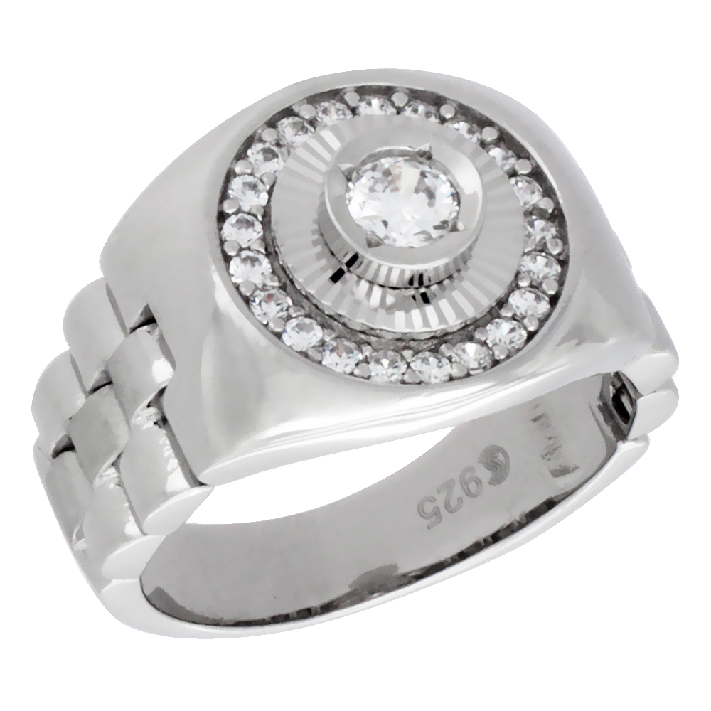 Mens Sterling Silver Style Round Ring Brilliant Cut Cubic Zirconia Stones 14mm (9/16 inch wide