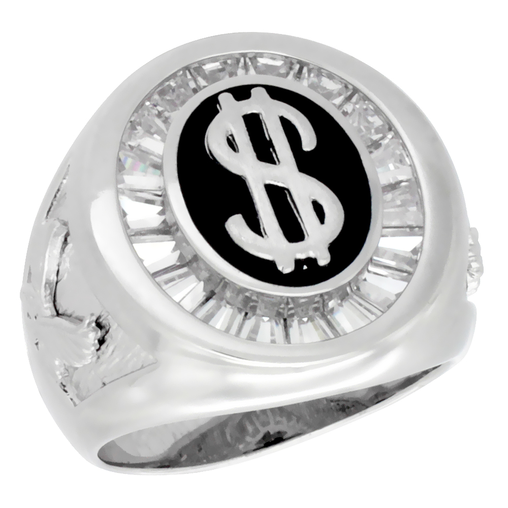 Mens Sterling Silver Dollar Sign Oval Ring Brilliant Cut Cubic Zirconia Stones 21mm (13/16 inch wide