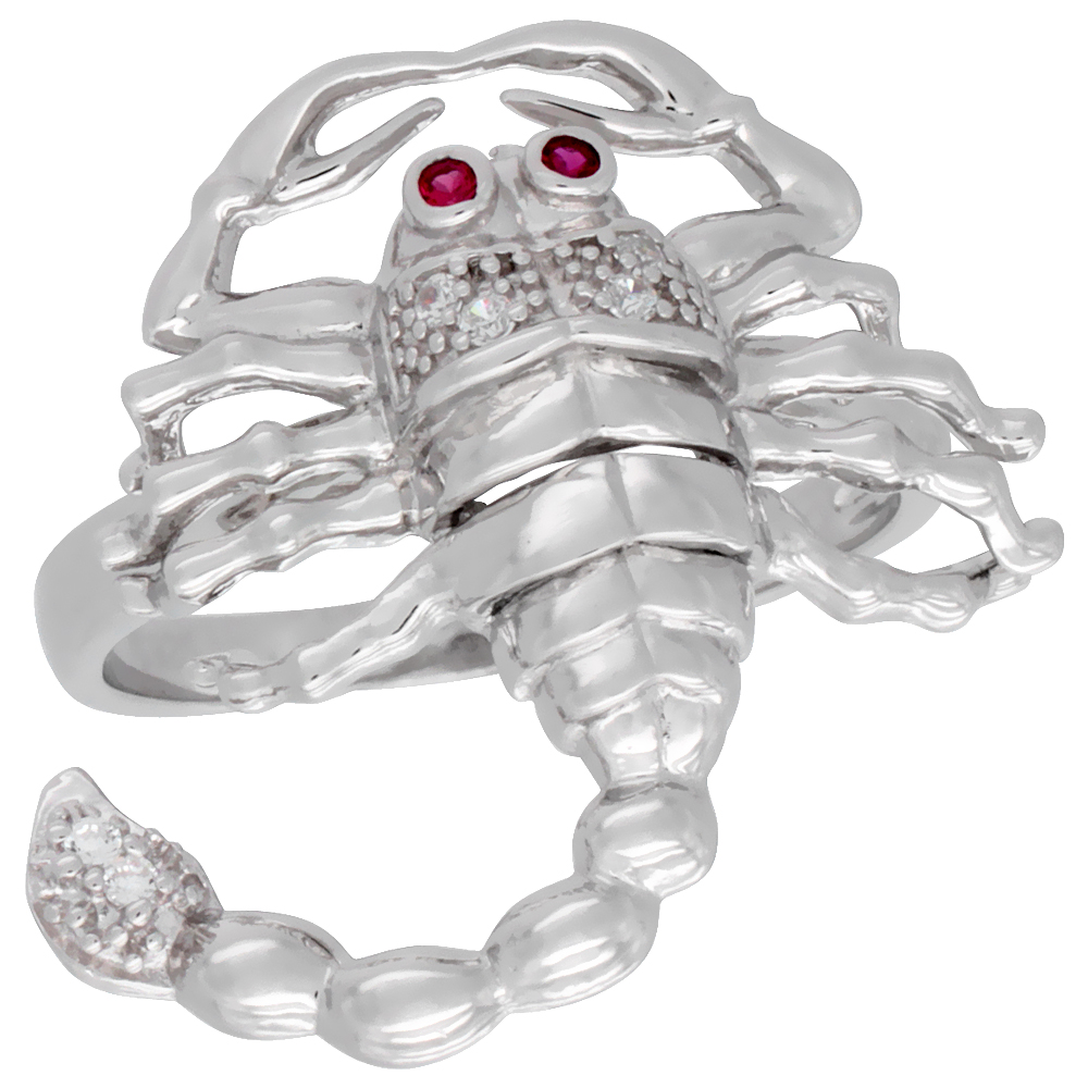 Mens Sterling Silver Scorpion Ring Red Eyes Brilliant Cut Cubic Zirconia Stones 24mm (15/16 inch wide