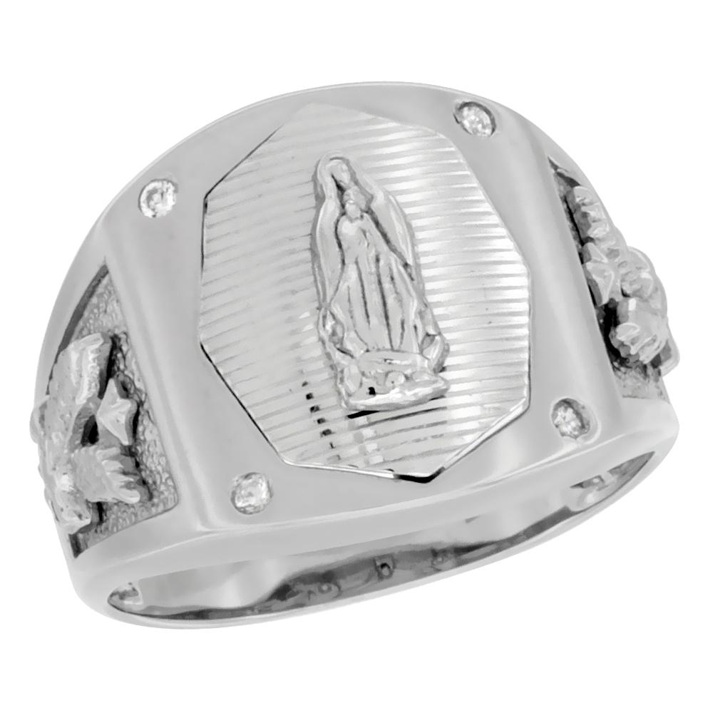 Mens Sterling Silver Octagonal Guadalupe Ring Eagle Sides Cubic Zirconia Stone Accents 21/32 inch wide