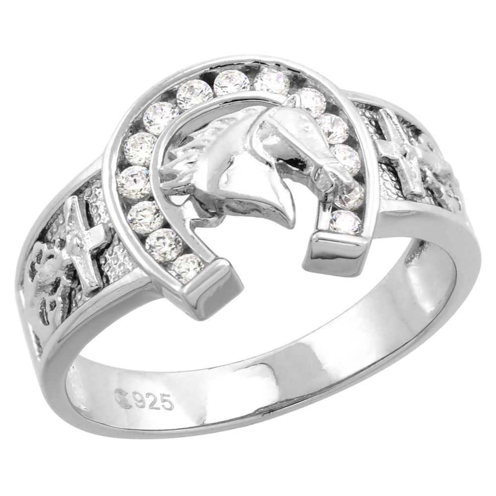 Small Sterling Silver CZ Horseshoe Ring for Men with Horse Head Anchor Cross sides 1/2 inch size 8 - 14