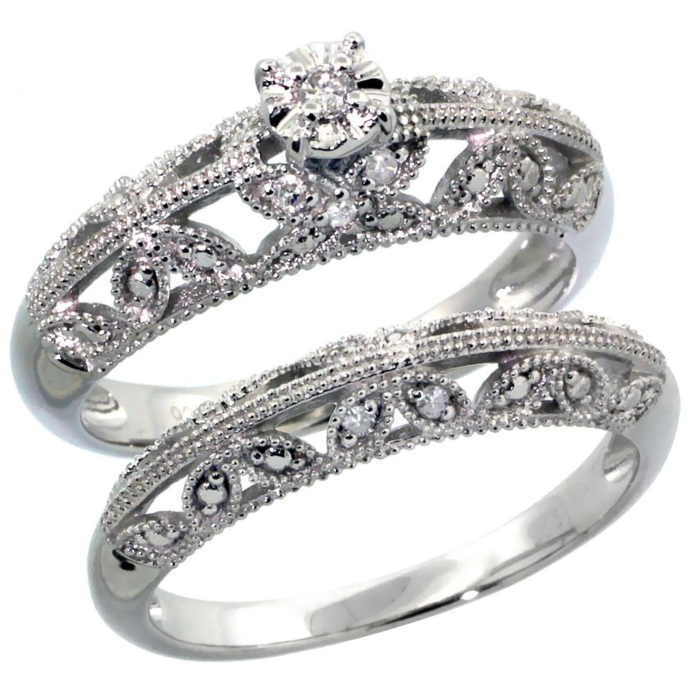 Sterling Silver Diamond Vintage Style 2-Pc. 11-Stone Butterfly Design Engagement Ring Set Rhodium Finish, sizes 5 to 10