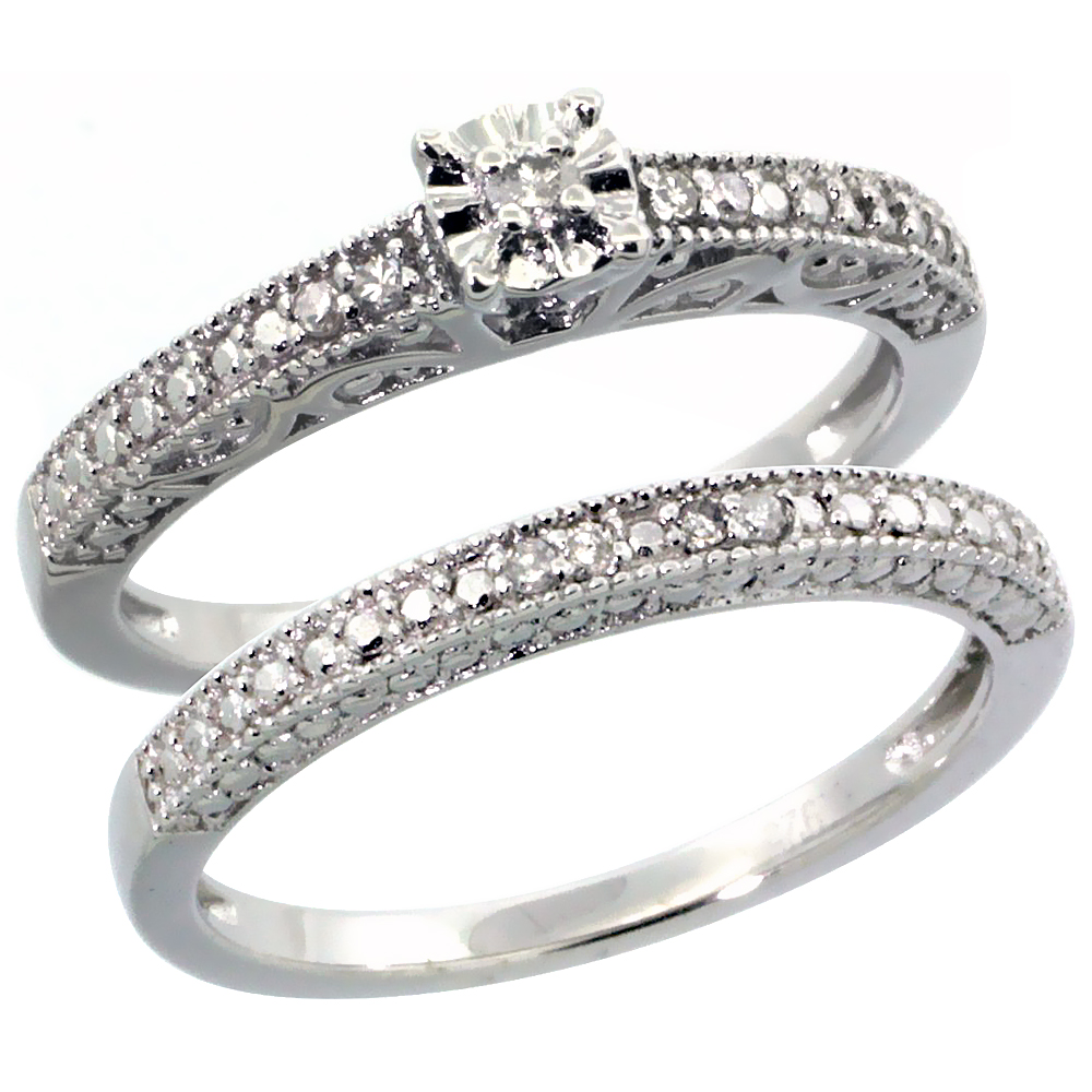 Sterling Silver Diamond Vintage Style 2-Pc. 9-Stone Engagement Ring Set Rhodium Finish, sizes 5 to 10