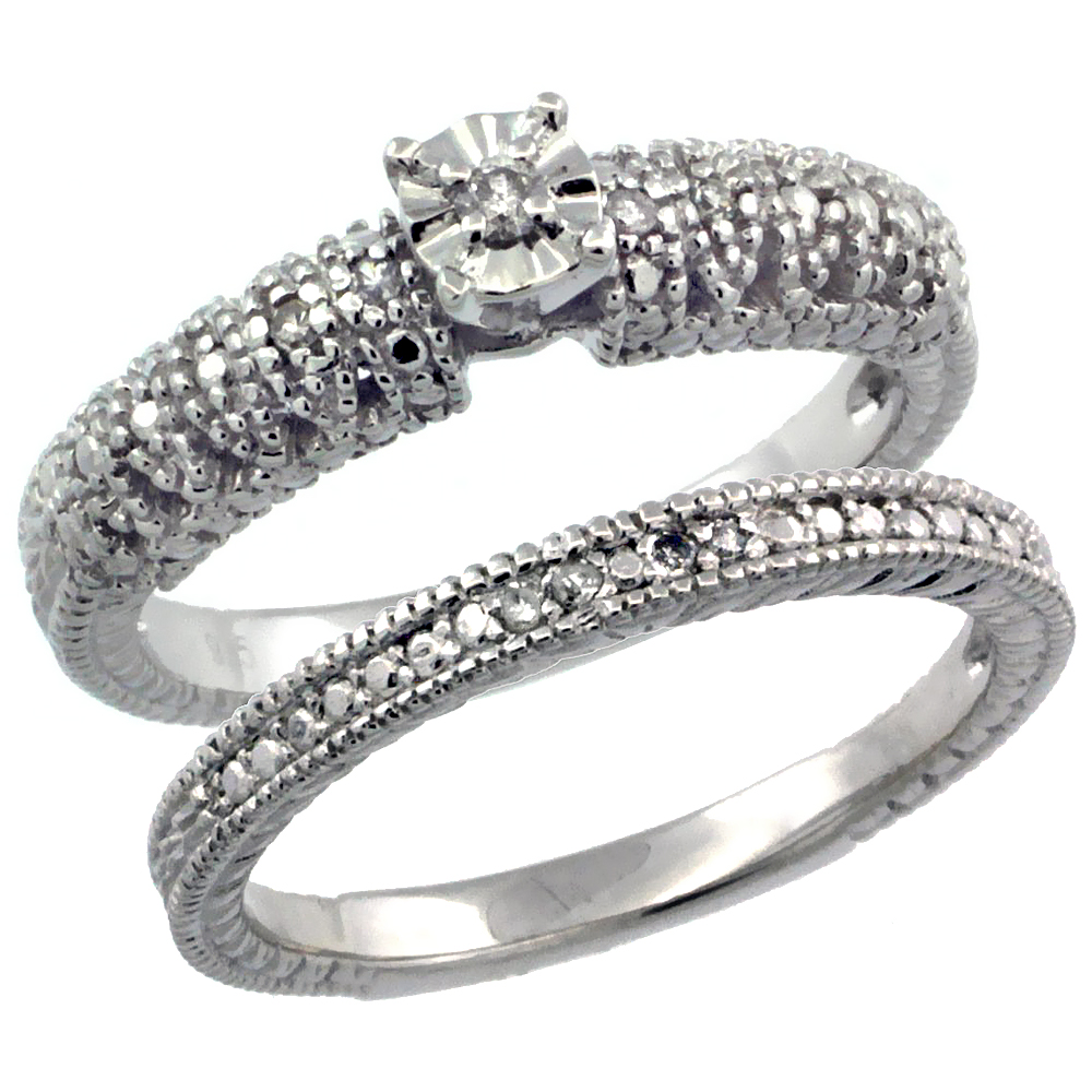Sterling Silver Diamond Vintage Style 2-Pc. 9-Stone Engagement Ring Set Rhodium Finish, sizes 5 to 10