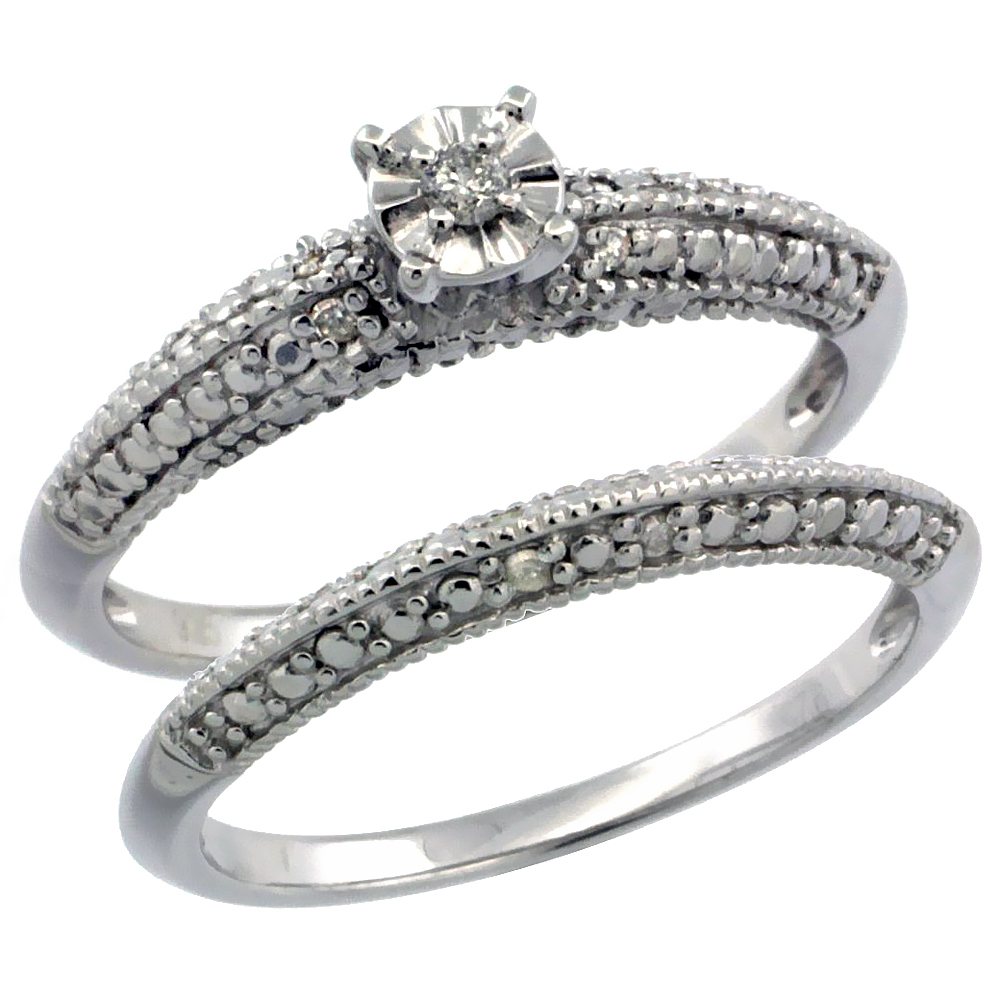 Sterling Silver Diamond Vintage Style 2-Pc. 9-Stone Engagement Ring Set Rhodium Finish, sizes 5 to 10
