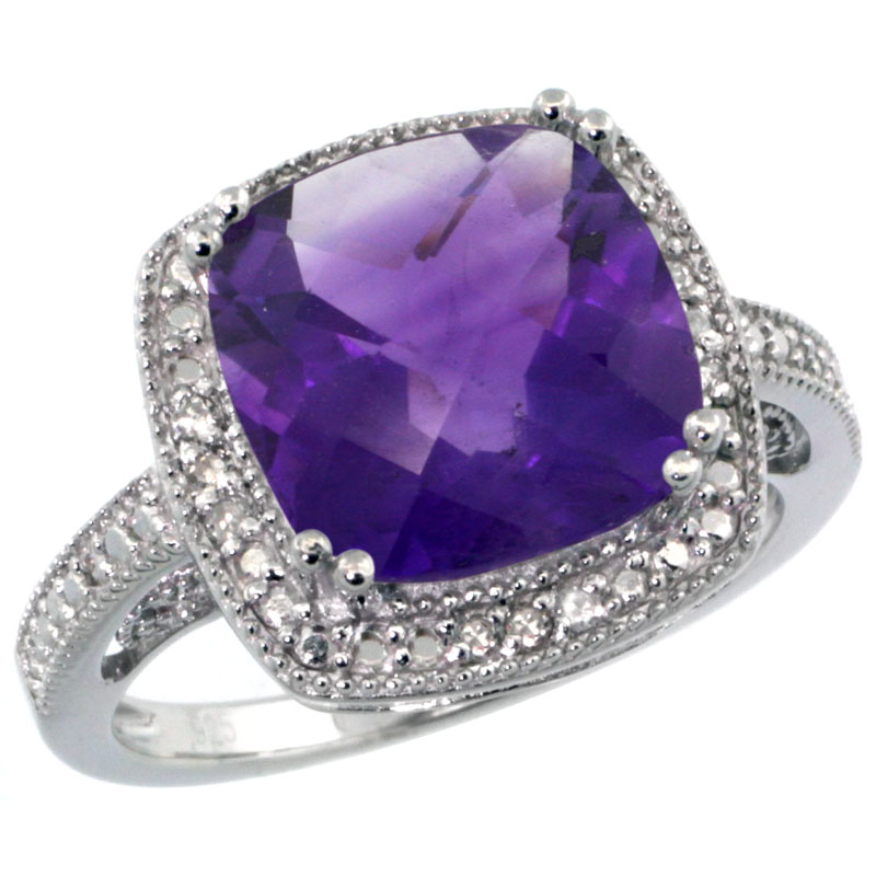 Sterling Silver Diamond Vintage Style Square Amethyst Stone Ring Rhodium Finish, 10 mm Cushion Cut Gemstone sizes 5 to 10