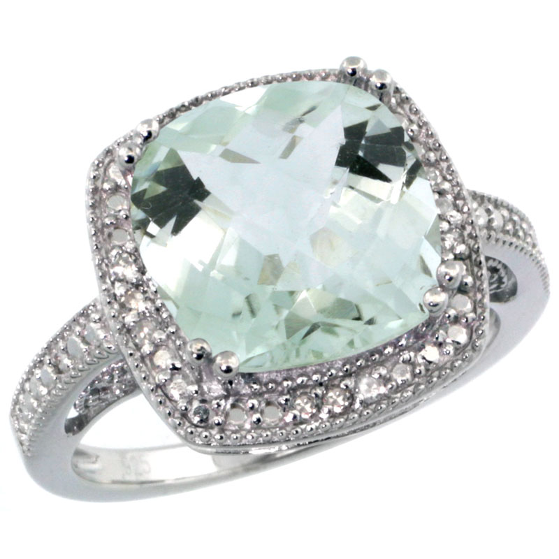 Sterling Silver Diamond Vintage Style Square Green Amethyst Stone Ring Rhodium Finish, 10 mm Cushion Cut Gemstone sizes 5 to 10