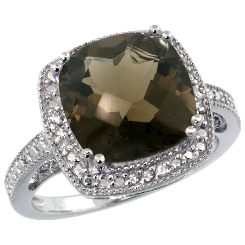 Sterling Silver Diamond Vintage Style Square Smoky Topaz Stone Ring Rhodium Finish, 10 mm Cushion Cut Gemstone sizes 5 to 10