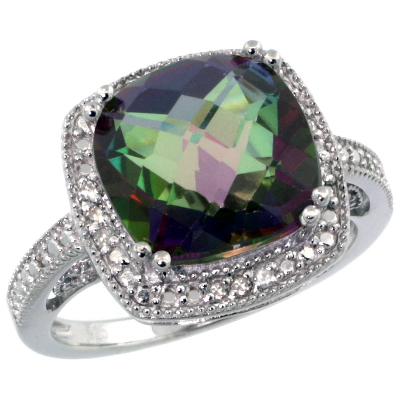 Sterling Silver Diamond Vintage Style Square Mystic Topaz Stone Ring Rhodium Finish, 10 mm Cushion Cut Gemstone sizes 5 to 10