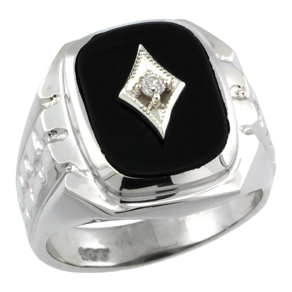 Sterling Silver Diamond Gent's Black Onyx Ring Diamond Center rectangular Shape Rhodium Finish, sizes 8 to 13